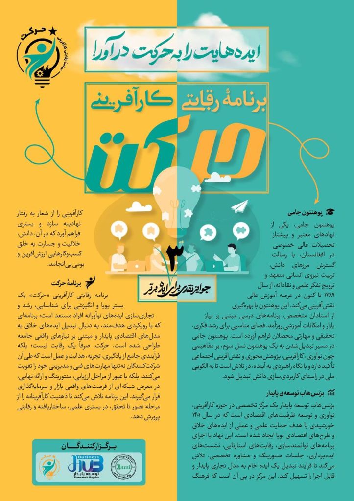 فراخوان ملی برای اشتراک در برنامه رقابتی کارآفرینی حرکت! 1 Move Harakat Event Poster 1 فراخوان ملی برای اشتراک در برنامه رقابتی کارآفرینی حرکت!